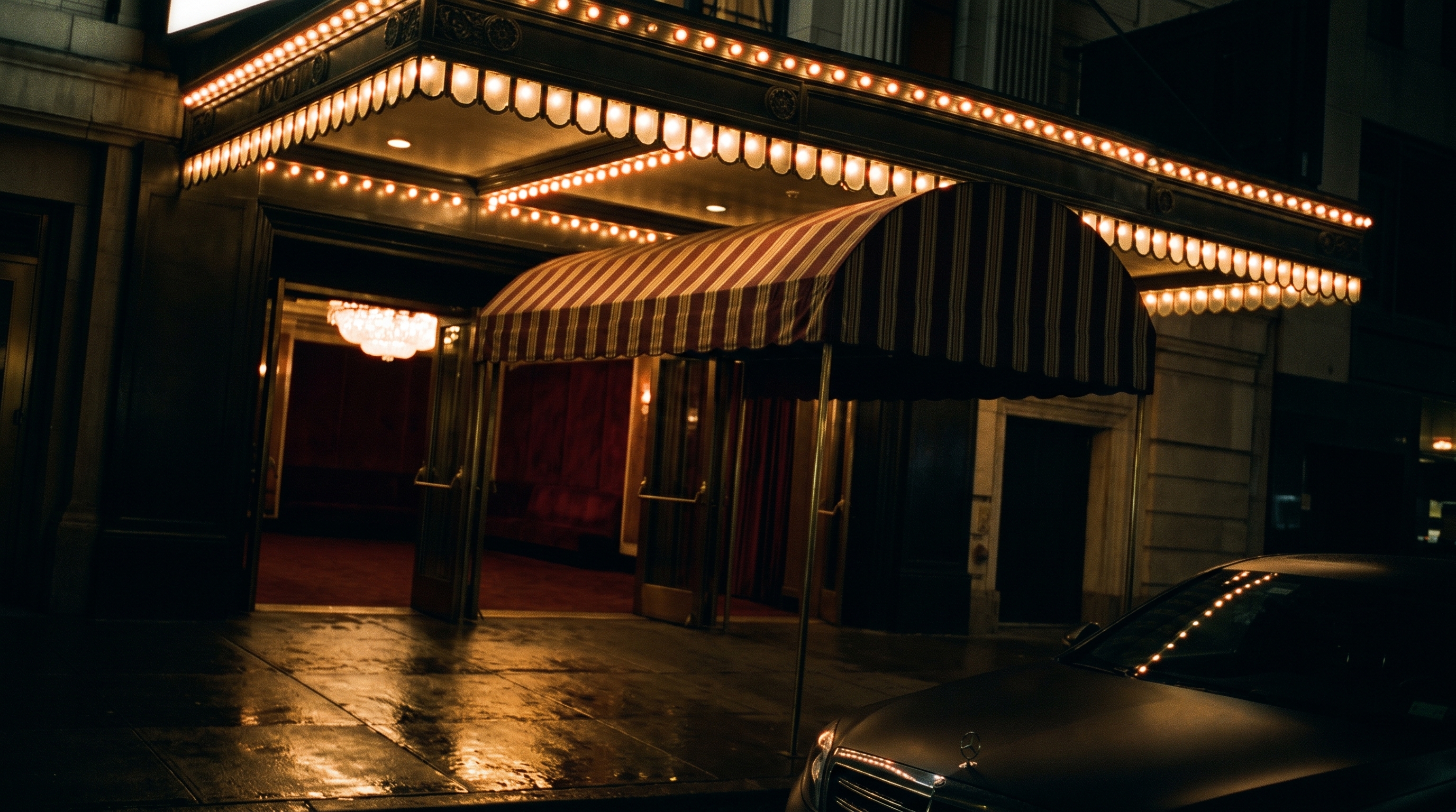 Theater marquee at twilight on West 45th Street
