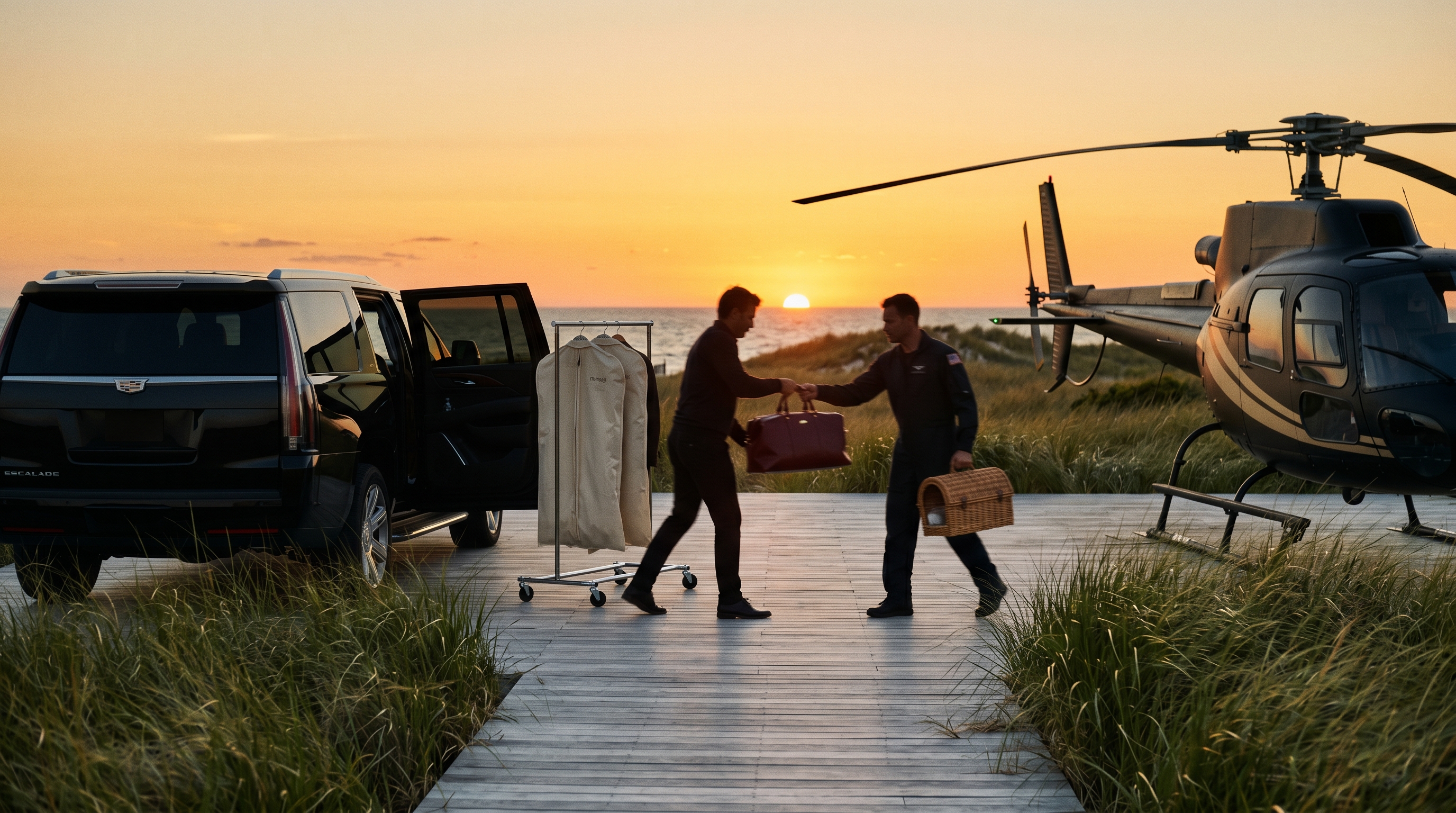 Black SUV crossing the Long Island shoreline at sunset