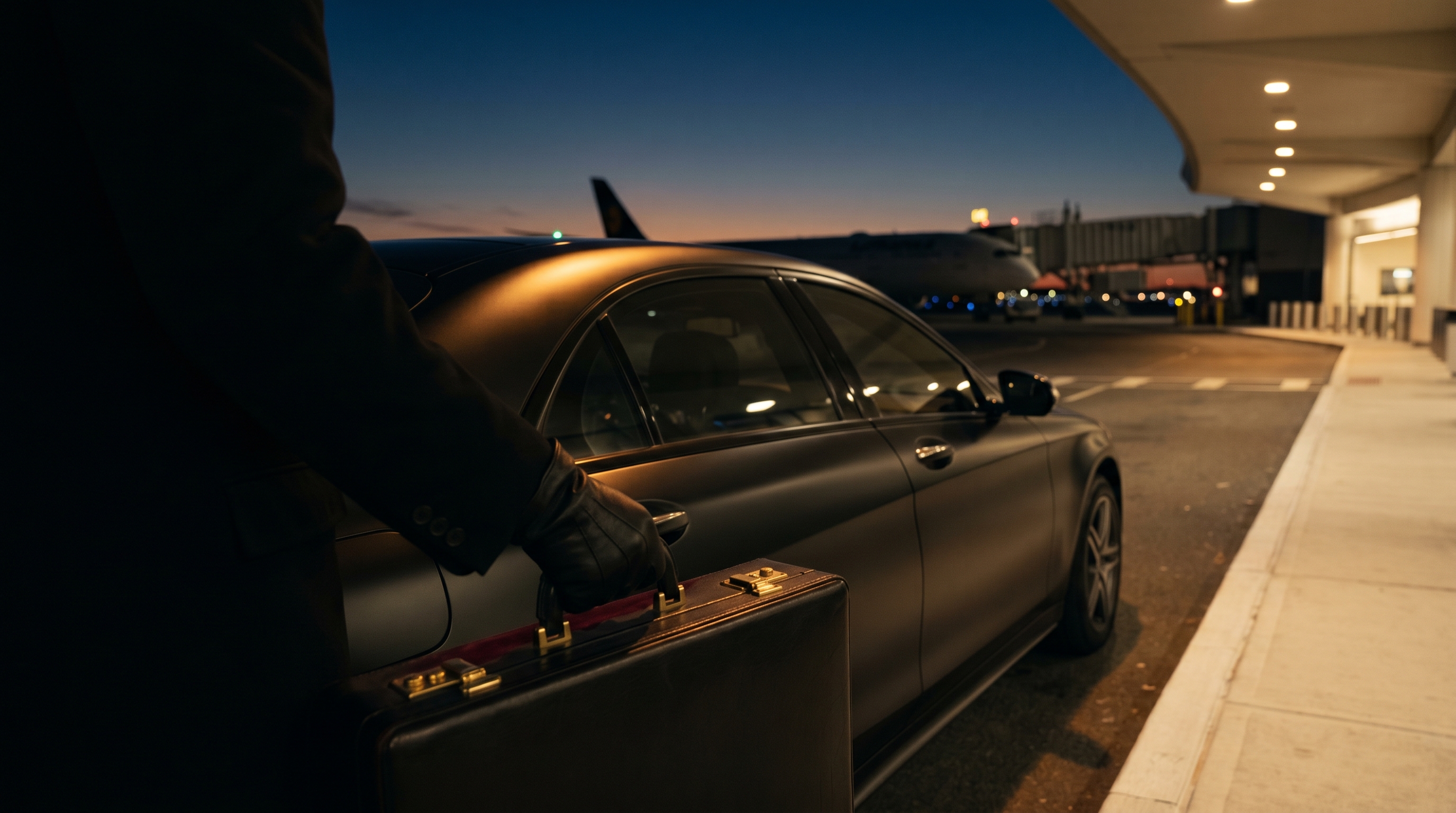 Sedan at JFK terminal, warm interior lighting