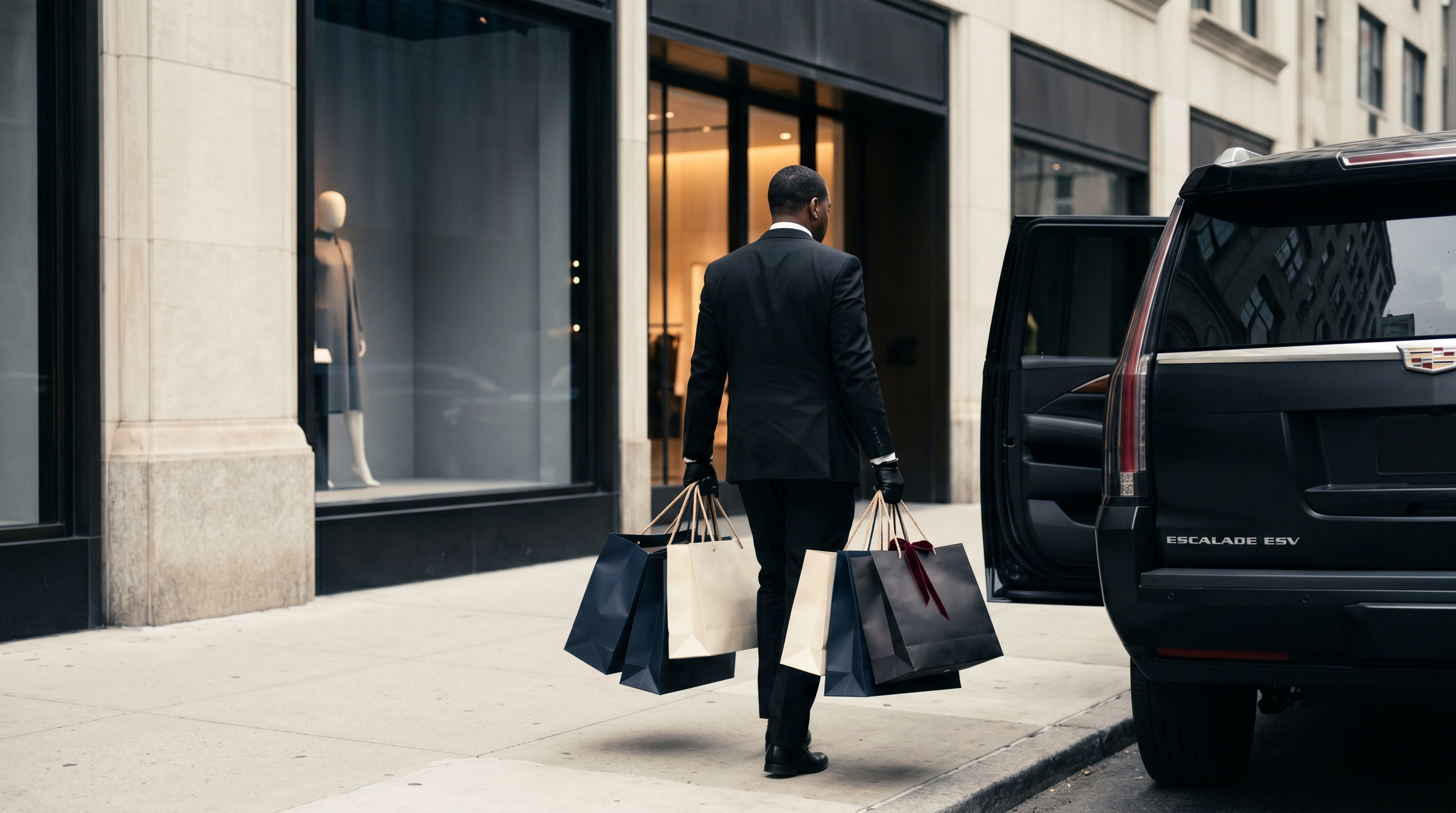 Bergdorf Goodman doorway, chauffeur holding shopping bags