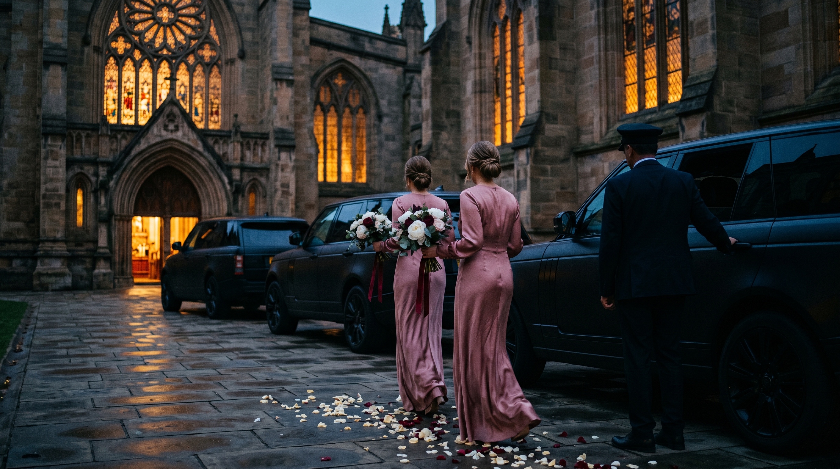 Wedding car at the Plaza Hotel, white roses in the cabin